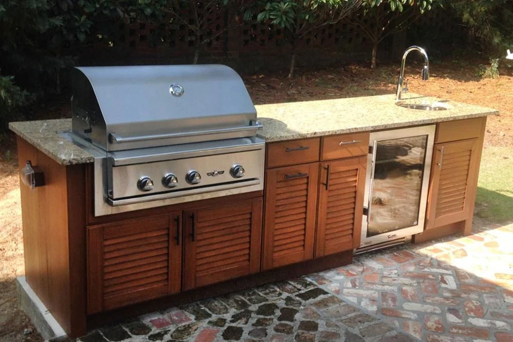 NICOCABINET High-End Custom Modular Outdoor Kitchen Cabinet MDF Stainless Steel BBQ Grill Featuring Marble Laminate Resin