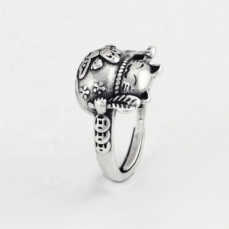 Maneki Neko Chinese Charming Retro Style Antique Silver Plated Lucky Cat Wealth Rings