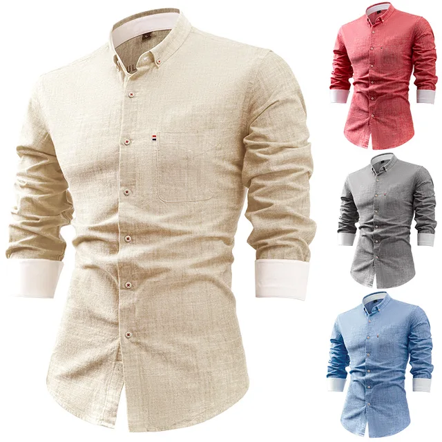 Luxury Men's Long Sleeve Shirts Vintage Tie-dye Breathable Sand washed 100 Cotton Casual Loose Button up Linen Shirt