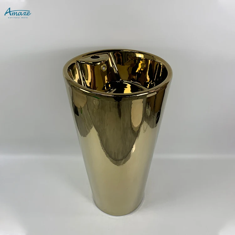 Luxury sanitary ware plated gold color basin bathroom sink ceramic full pedestal gold wash hand basin supplier