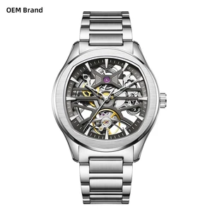 Luxury Hollow Dial Stainless Steel Pointer Mechanical Men's Skeleton Watches with Silicone Strap OEM/ODM Custom Available