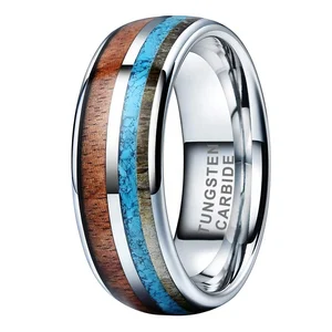 Coolstyle Jewelry 8mm Deer Antler Turquoise Koa Wood Inlay Tungsten Ring for Men Women Engagement Wedding Band Comfort Fit