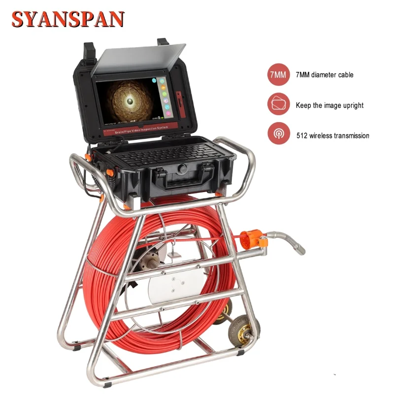 Sewer Camera Self-leveling&512HZ Sonde/Transmission 7MM 100M Red Cable Sewer Camera 16GB Card Video& Audio Recording