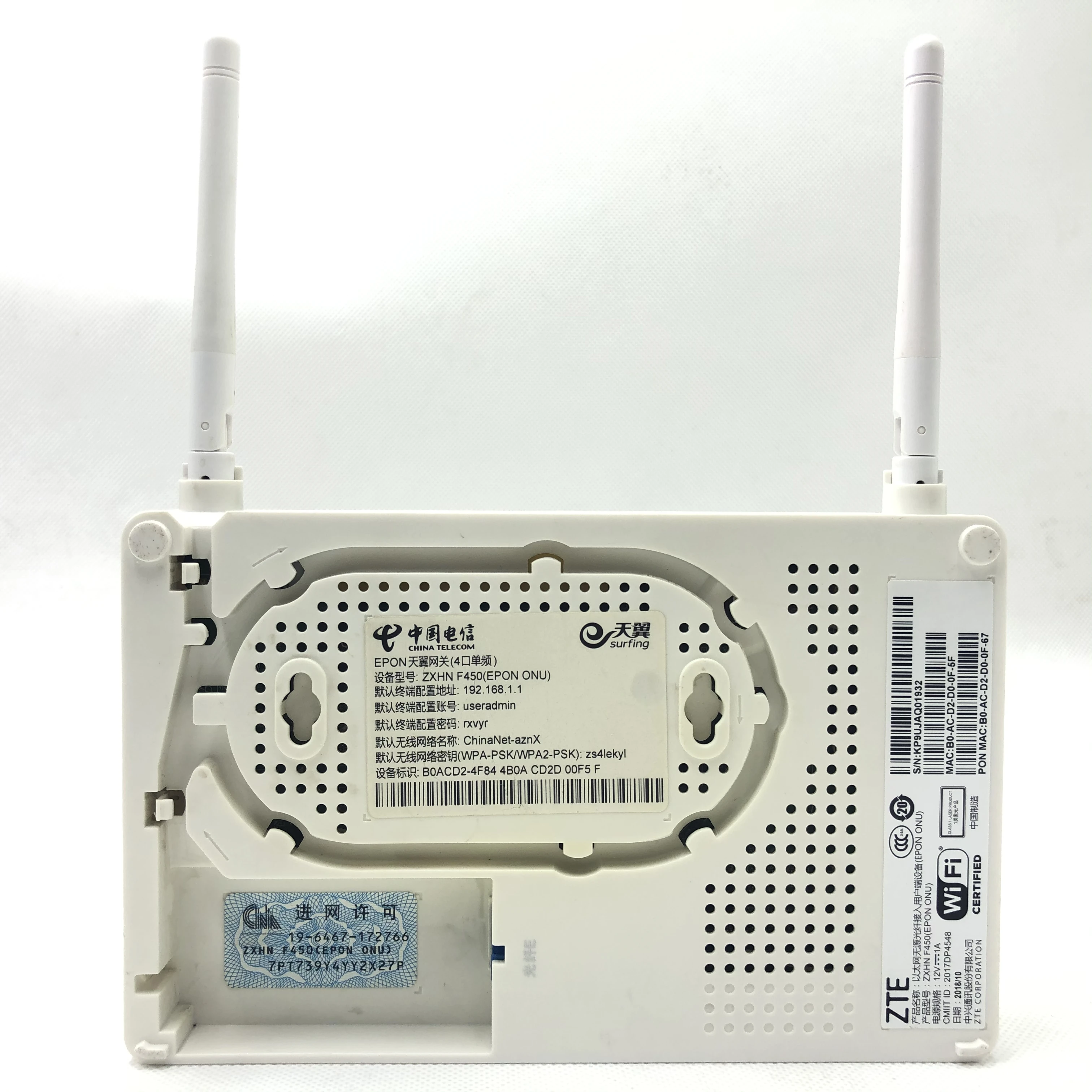 Used ONU ZXHN F450 EPON ONT 4fe+1pots+1usb+wifi ONU with English