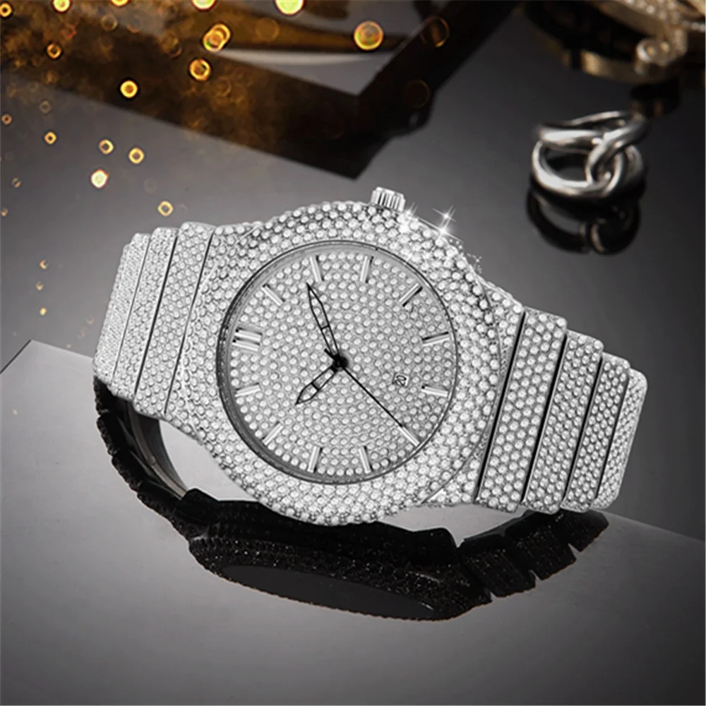 Wholesale Luxury Gold Quartz Date Fully Diamond Watches Men Wrist Gold  Starry Sky Bling Hip Hop Iced Out Watch