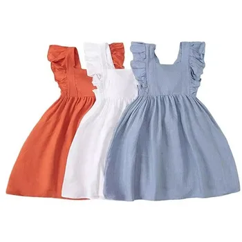 Hot sale girls linen dress summer sleeveless toddle girls ruffle clothes with bow sweet girls party dress