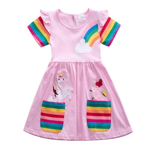 Girls Short Sleeved Unicorn Dress Summer New Embroidery Two Pockets Rainbow Kids Dress