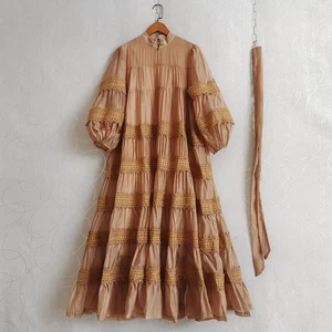 AELESEEN Women's Loose Long Casual Dress Half Lantern Sleeve Lace Patchwork Single-Breasted Belt Spring Autumn Day Front