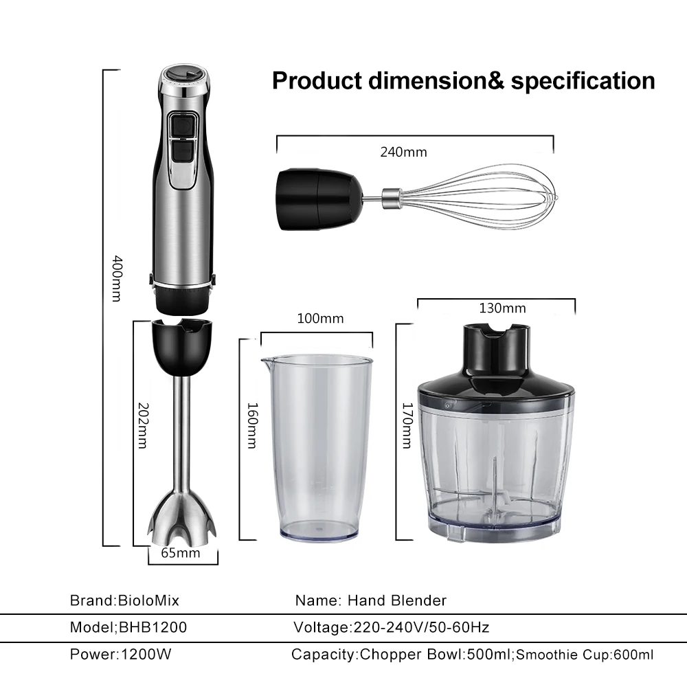 US Plug 4-in-1 Immersion Hand Blender, Powerful 500W Handheld Stick Blender  With 304 Stainless Steel Blades, Chopper, Beaker, Whisk For Smoothie, Sauc