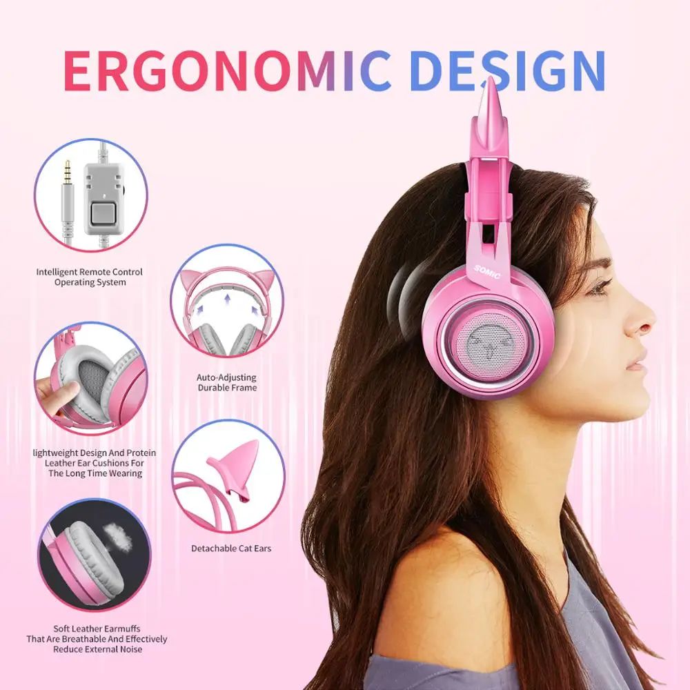 SOMIC G951s Kucing Merah Muda Headphone PC Gaming Headset Gamer 3.5Mm Bass  Wired Gaming Headset Getaran Headset dengan Mic untuk PC Gamer|Earphone \u0026  Headphone| - AliExpress