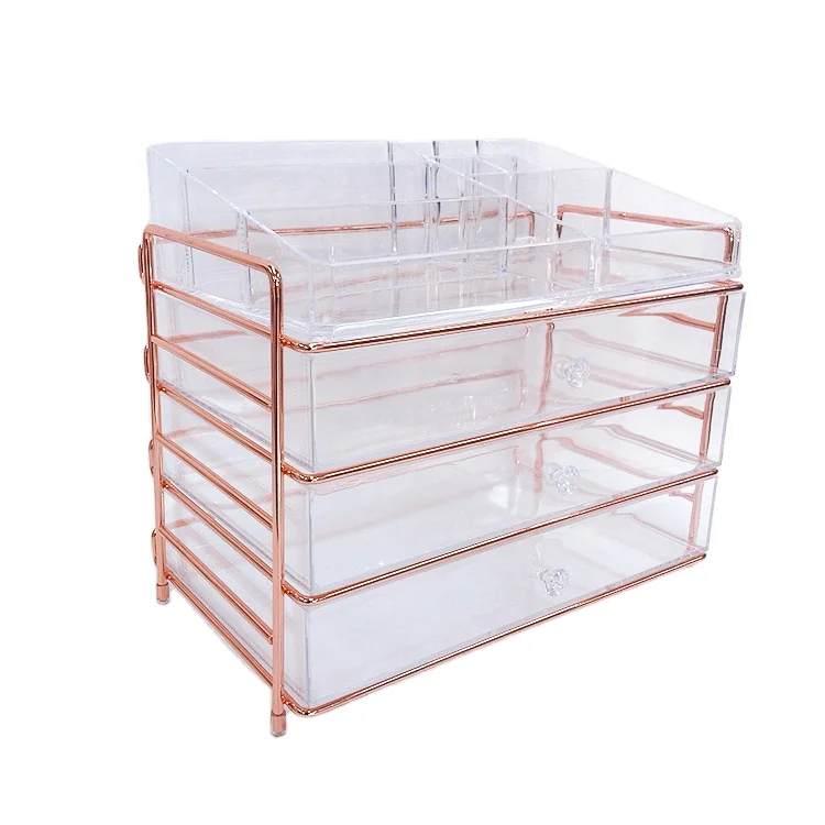Оптовая продажа, акриловый косметический Органайзер с 3 ящиками и золотой металлической рамкой