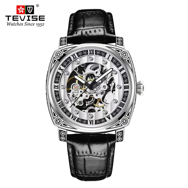 TEVISE Fully Automatic Mechanical Watch Hollow Out Leather Strap Large Dial Luxury Leather Watch for Men Watch