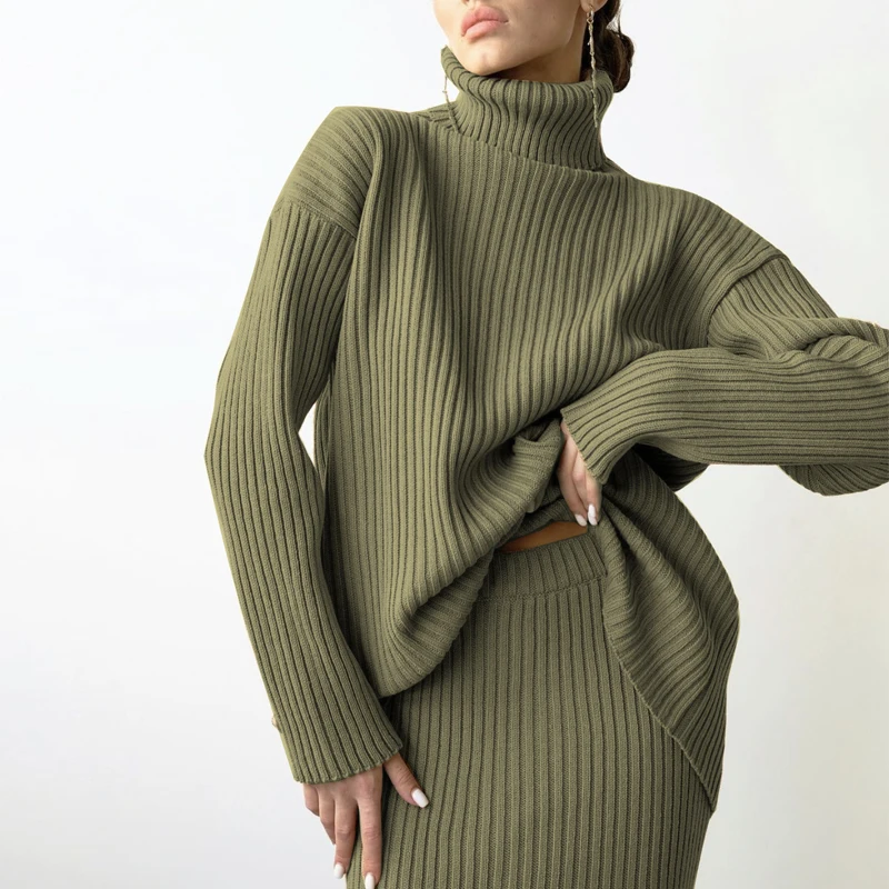 Winter new fashion custom women's warm turtleneck pullover knitted midi skirt 2 piece suit women's skirt sweater