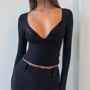 Clothing Manufacturer Custom Ladies' T-shirts Sexy Sequin Lace Ladies' Tops Autumn Casual Women's Clothing