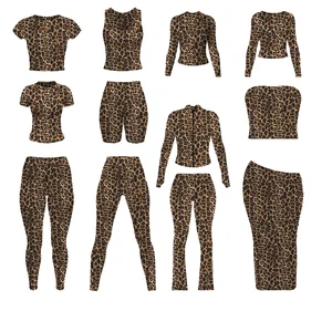 Huili Custom Logo Cotton Loungewear Sets Skinny Fit Top and Leggings Yoga Workout Outfits Leopard Print Two Piece Set for Women