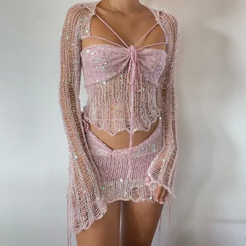 2025 New Women's Casual Solid Three-Piece Set Sequin Knitted Sweater for Spring Independent Fashion Suit Set
