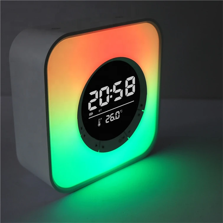 Cube Design Portable Type With Changeable RGB LED Light Speaker With Clock Alarm Function and Thermometer Cool Speaker