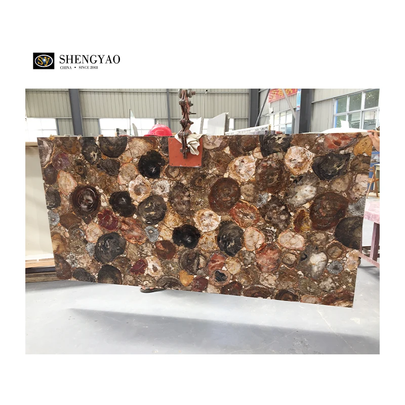 Custom Brown Petrified Wood TV Background Wall Panel Fossil Stone Fireplace Slabs