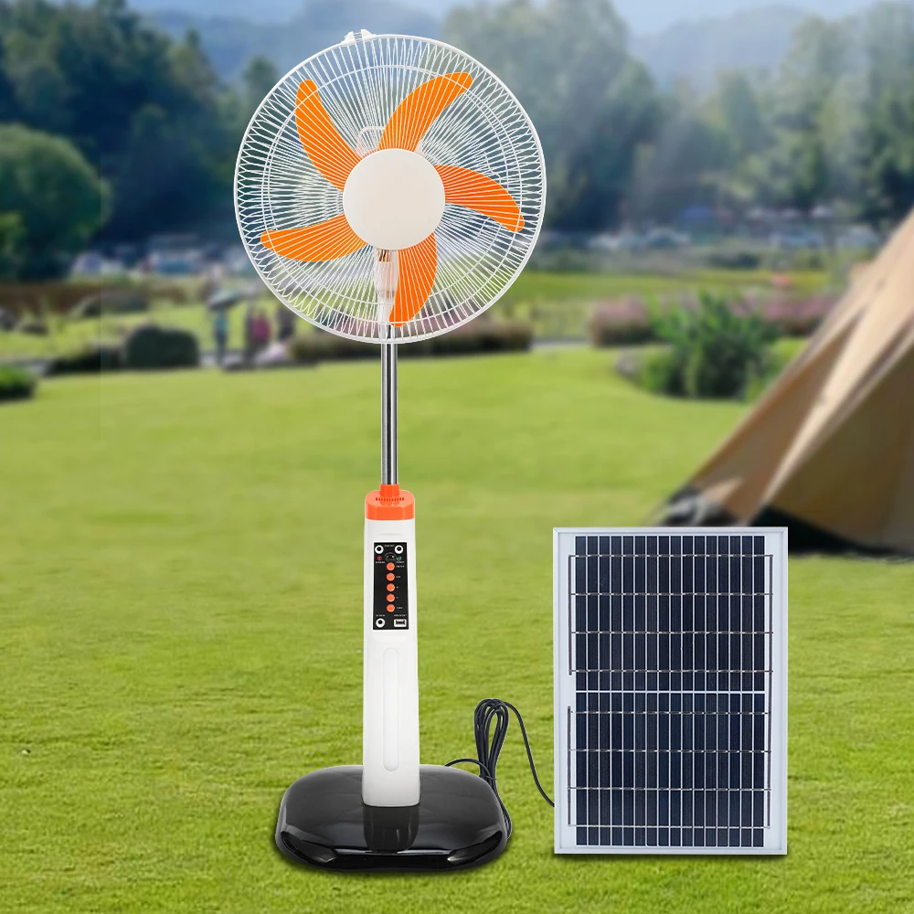 Outdoor Ac Dc Large 16 Inch Floor Standing Fan Rechargeable Solar Powered Electric Fan With Light