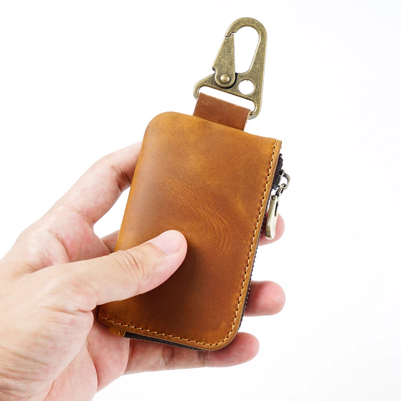Genuine Leather Vintage Keychain Zip Type Holder Organizer Pouch Cowhide Car Wallet Housekeeper Key Case Mini Card Bag_voghion.com