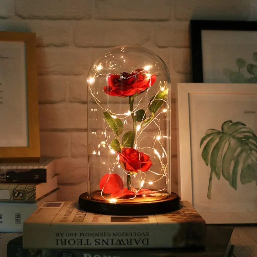Christmas Wedding Preserved Cloche Flower Rose Glass Dome Wood Base With Led Lights