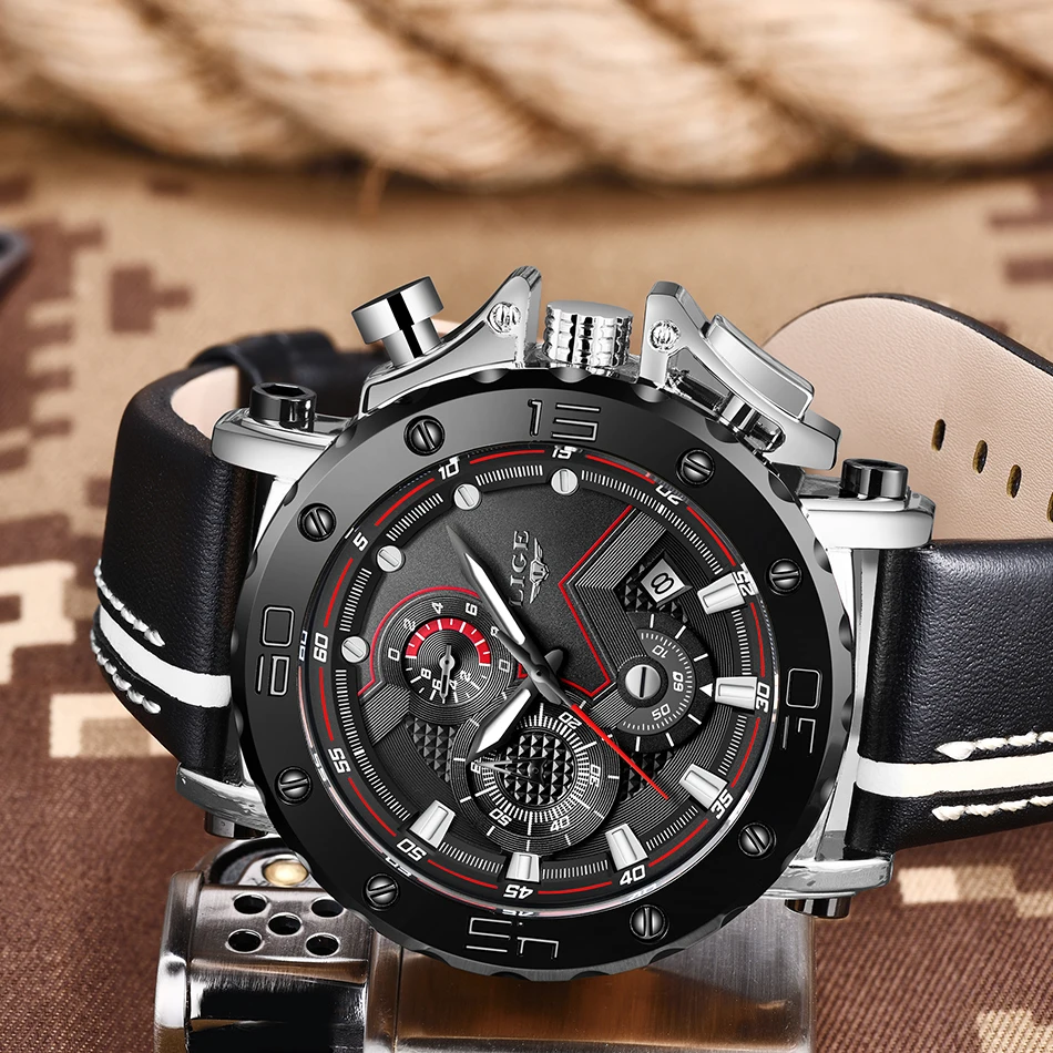 LIGE LG9899 Men's Quartz Watch with Custom Logo, Leather Band, Big