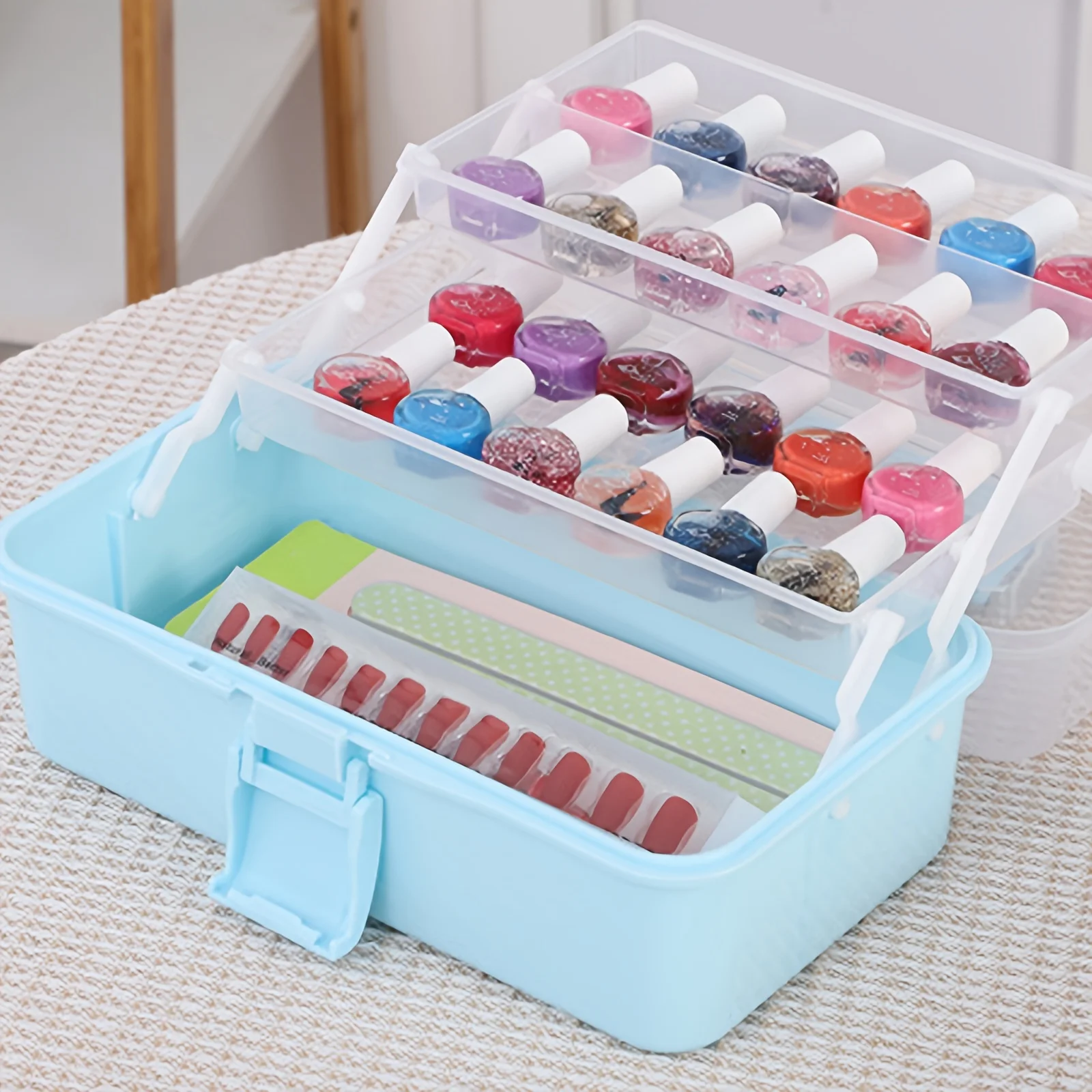 11'' Clear Plastic Craft Storage Box, Sewing Box Organizer 3-Layers with Removable Tray, Art Storage Box with Handle