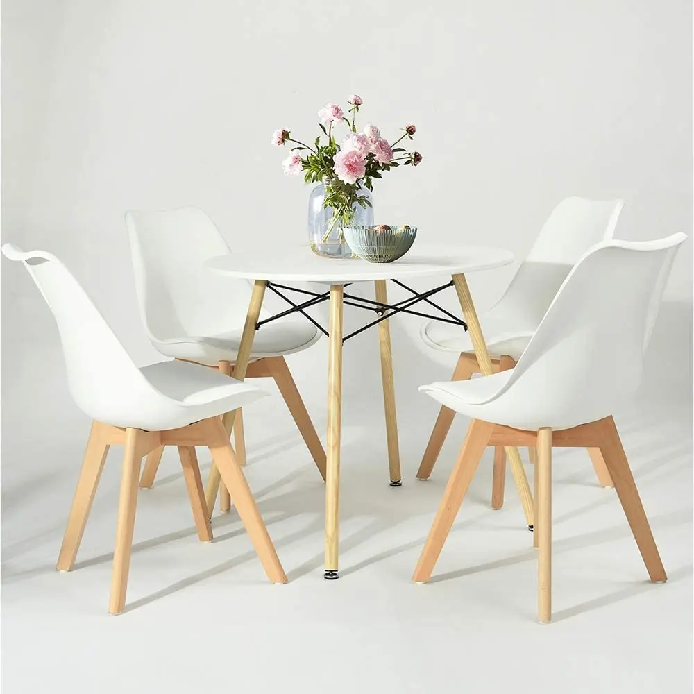 Лидер продаж, качественная мебель для столовой, белый пластиковый компактный обеденный стол из МДФ, набор из 4 стульев с ножками из Букового дерева