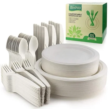 MyMoonPie 250Pcs Disposable Party Dinnerware Set 50 Guests Biodegradable White Paper Plates