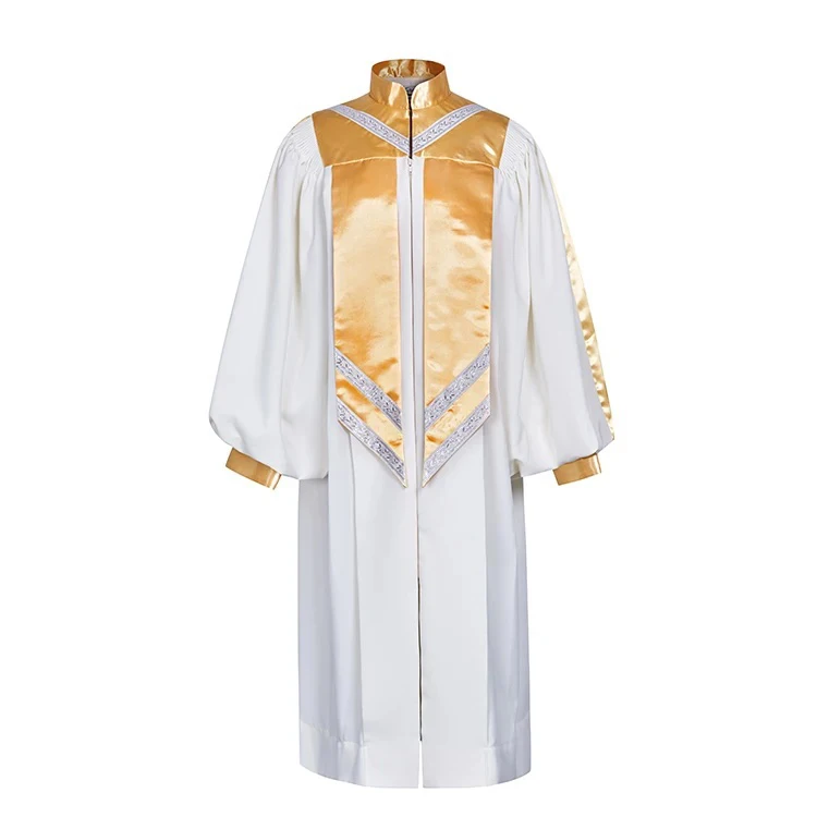 Custom Fluting White Vanda Stand Collar Matte Church Dress Choir Robes with Wheat Pattern Satin Stole Custom Fluting White Vanda Stand Collar Matte Church Dress Choir Robes with Wheat Pattern Satin Stole