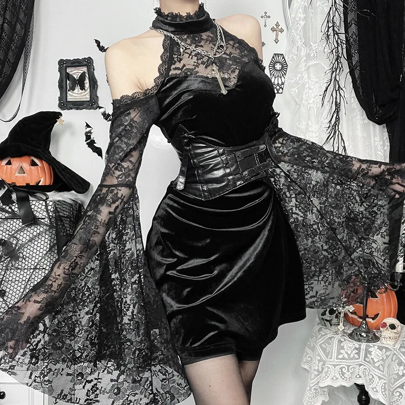 halloween black stitching lace dress Halloween Scrap Style Lace Black Sexy Long Dress, S