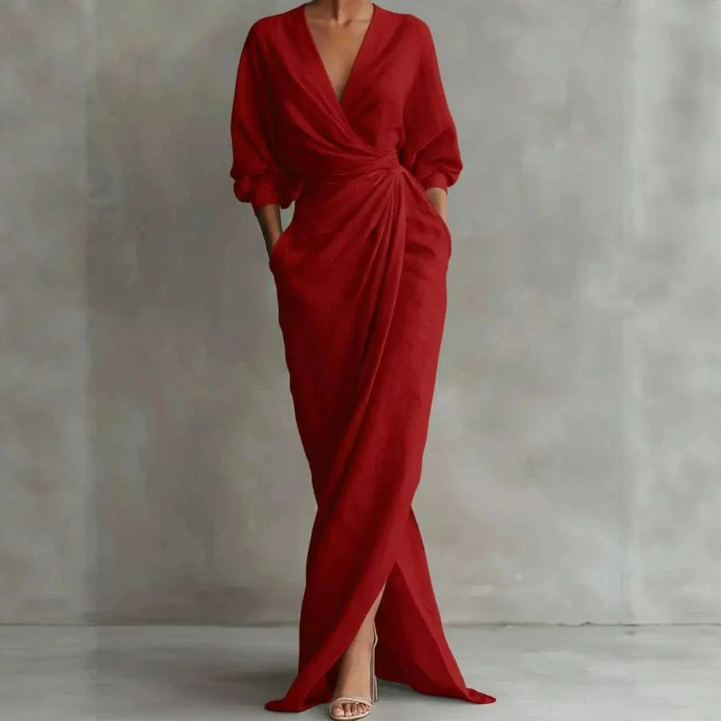 Elegant V-neck Puff Sleeve Lace-up Maxi Dress Ladies Leisure thumbnail