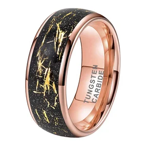 Coolstyle Jewelry 8mm Wholesale Black Sandblasted Stone Gold Foil Inlay Engagement Wedding Band Rose Tungsten Ring Men Women