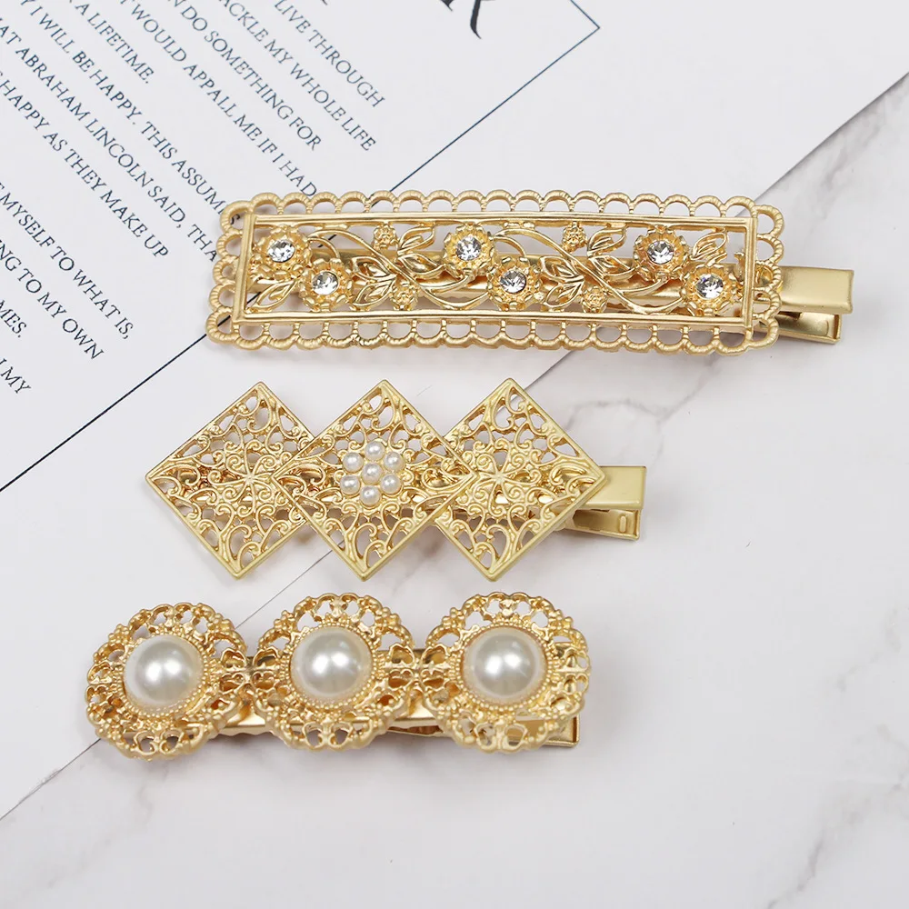 Классические винтажные ажурные зажимы типа крокодил с жемчугом женские золотые металлические перьями и ракушками для резьбы заколки волос девочек