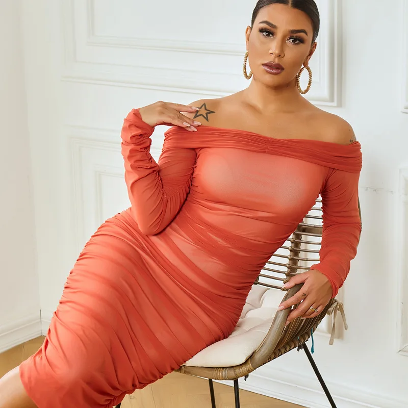 ZOYIAME New 2022 Spring Bodycon Dress Women Elegant Long Sleeve Club Dress Strapless Ruched Mesh Fall Bandage Dress for Ladies