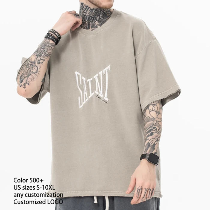 Oversize Hip Hop Wash T-shirt Men's Print Custom Logo Embroidered Loose ...