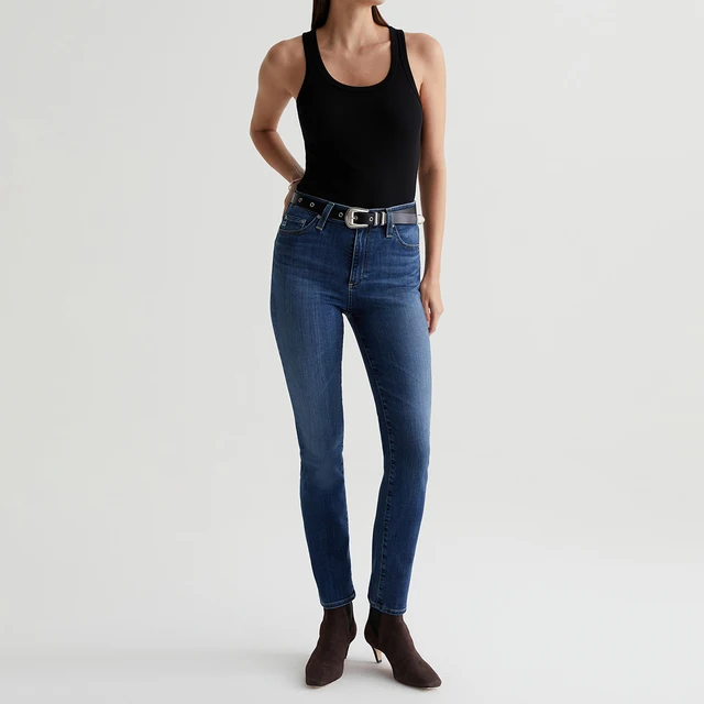 Custom High-Rise Slim Straight Jeans for Women Dark Blue Faded Stretch Denim 9.5oz Indigo OEM Wholesale