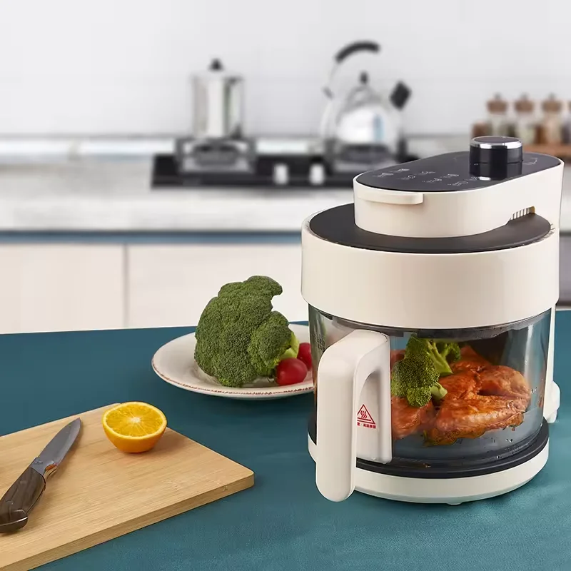 Jewin Modern Electric 1400W Full Transparent Glass View Air Fryer 3.1-4.0L Mechanical LCD Display Knob Control Oil-Free Hotel