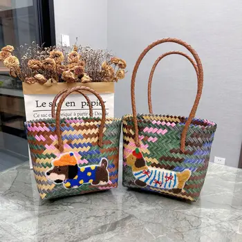 Handmade vintage Basket Bag Cute Dog Applique Tote Multi-Color Handbag Bamboo Handle Summer Vacation Straw Beach Bag for Woven