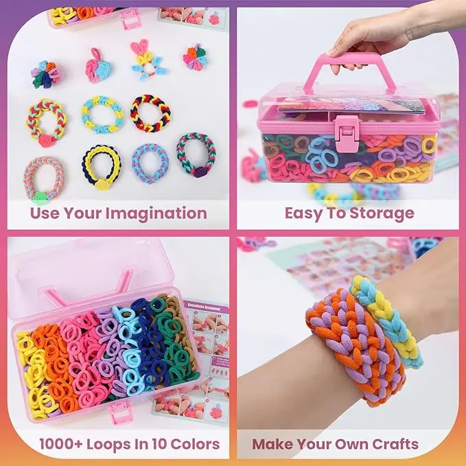 1000+ Colorful Fabric Loops Elastic Cloth Band Bracelet Making Toy Arts and Crafts Kit for Kids Weaving Loom Bracelets Kit