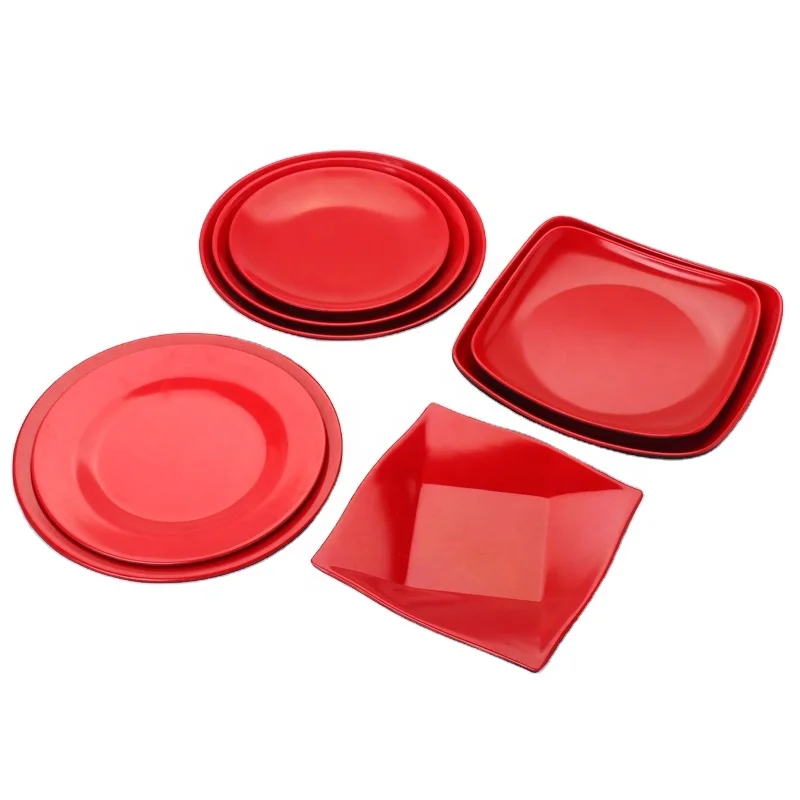 Round Red and Black Bowls and Plates Melamine Plates Dinnerware Sets Small  Flat Plate for Restaurant