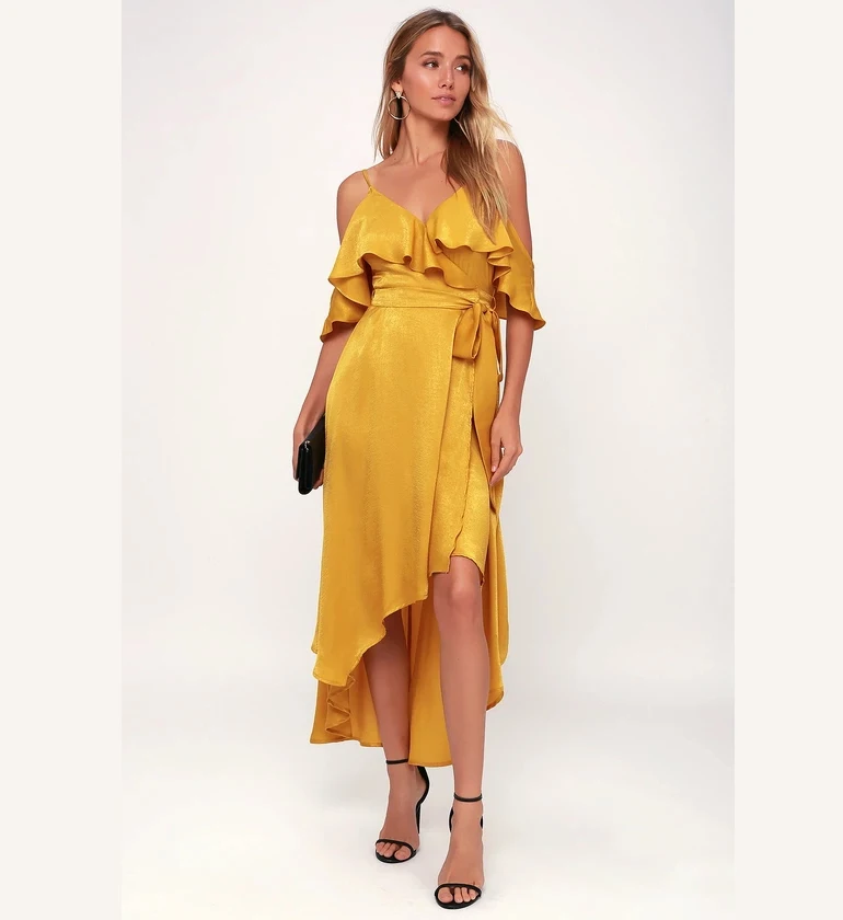 yellow satin wrap dress