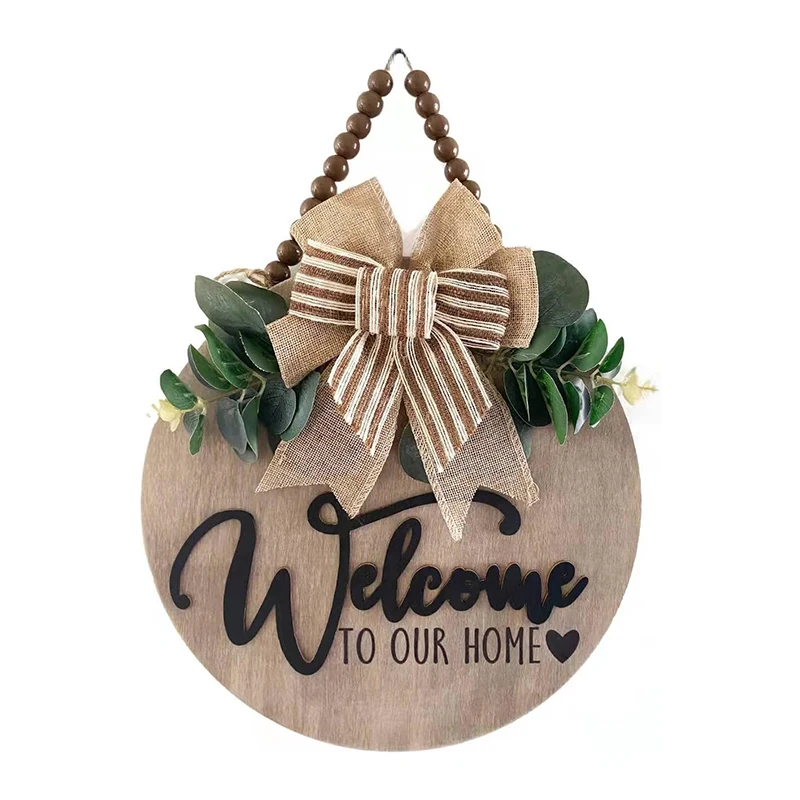 3D Welcome Sign for Front Door | Home Farmhouse Porch Decor Wooden Hanging Sign with Artificial Leaves and Rustic Beads