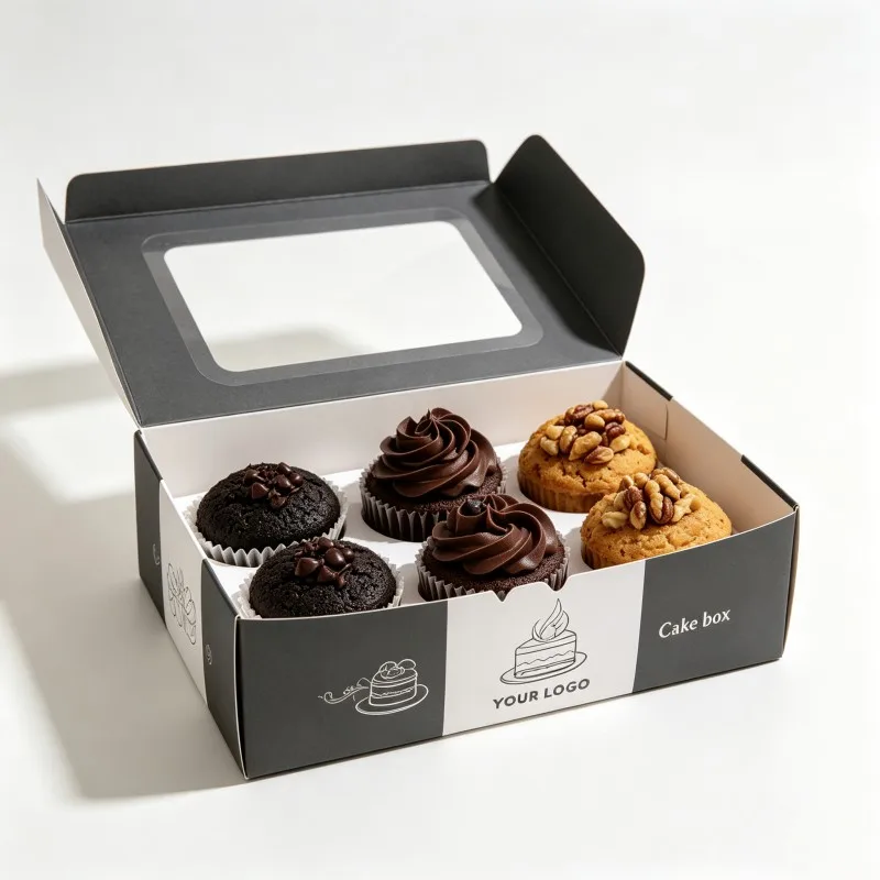 Boîte pour boulangerie, impression numérique en gros : fenêtre transparente intégrée ; boîte personnalisée imprimée pour cupcakes et desserts ; boîte à gâteaux écologique