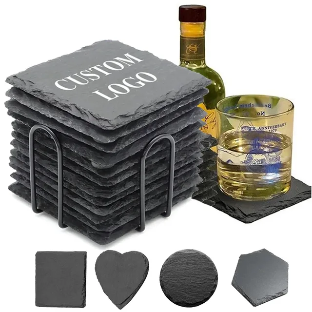 Wholesale Black Non-Slip Engraving Drink Slate Stone Bulk Coasters Set Round Blank Gift Box With Holder