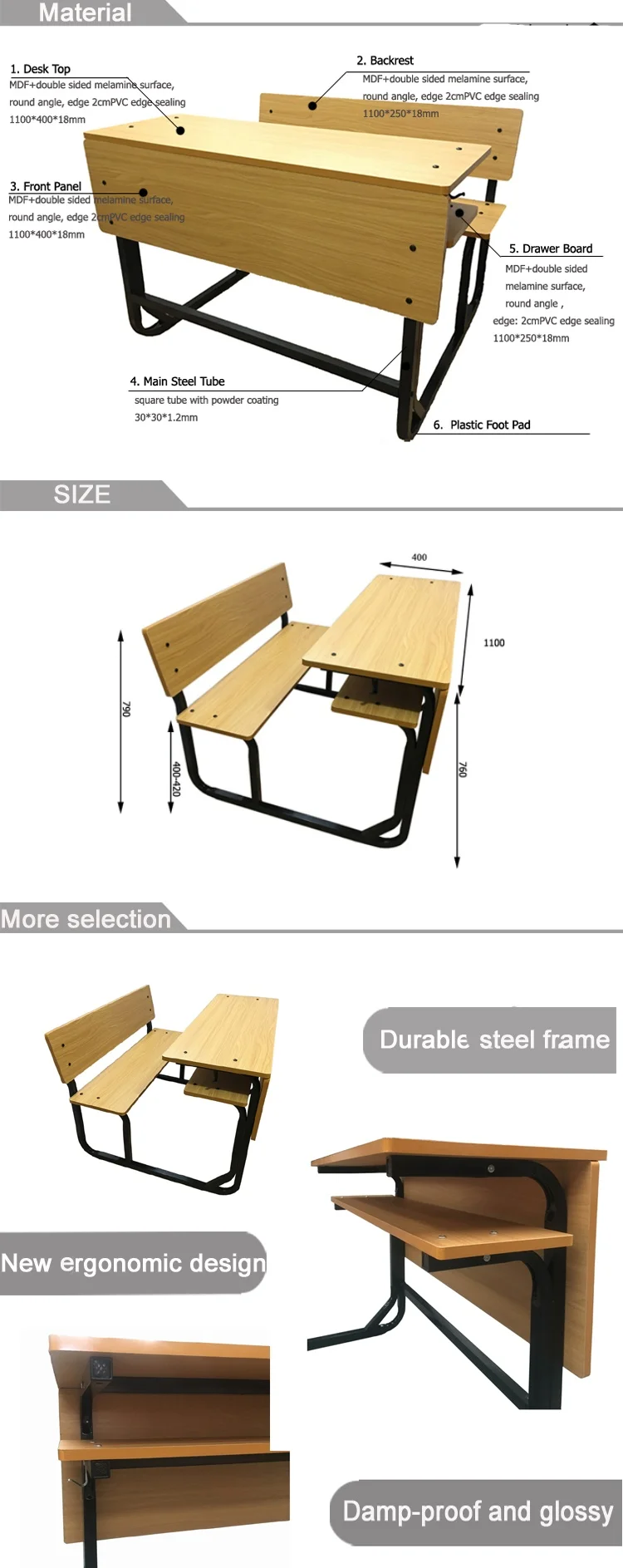 Conjoined Desk and Chair Double School Desk and Bench Classroom Bench ...