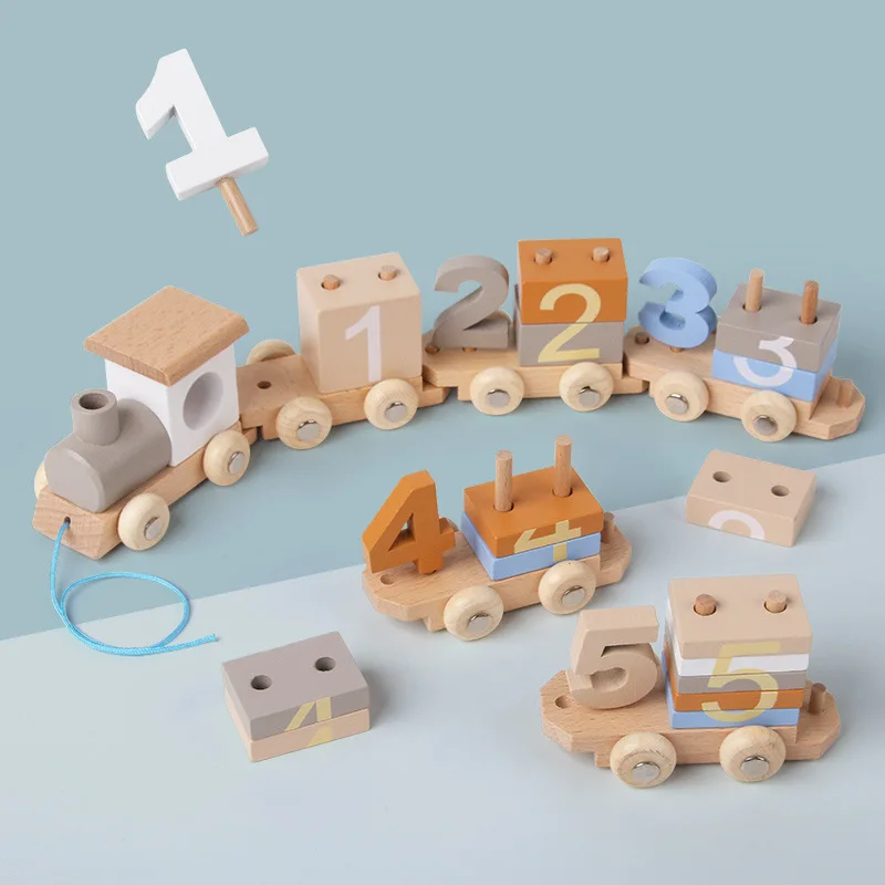 Wooden Train Building Blocks Toys for Kids Birthday Gift Number Early Educational Montessori Toys for Baby