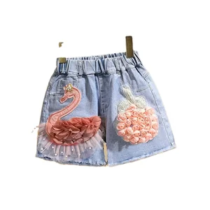2022 Baby Girls Summer Cotton Denim Shorts Pants Toddler Kids Cute Swan Flower Soft Jeans Teenager Clothes Children Clothing