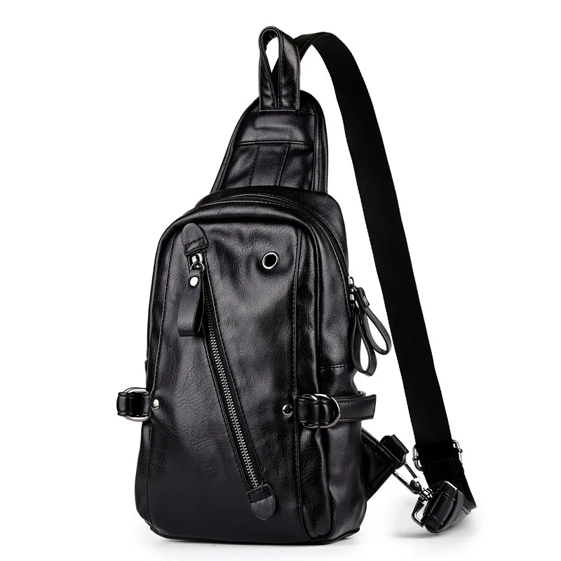 Men Leather Bag Black Sling Bag Small Travel Backpack Bag 