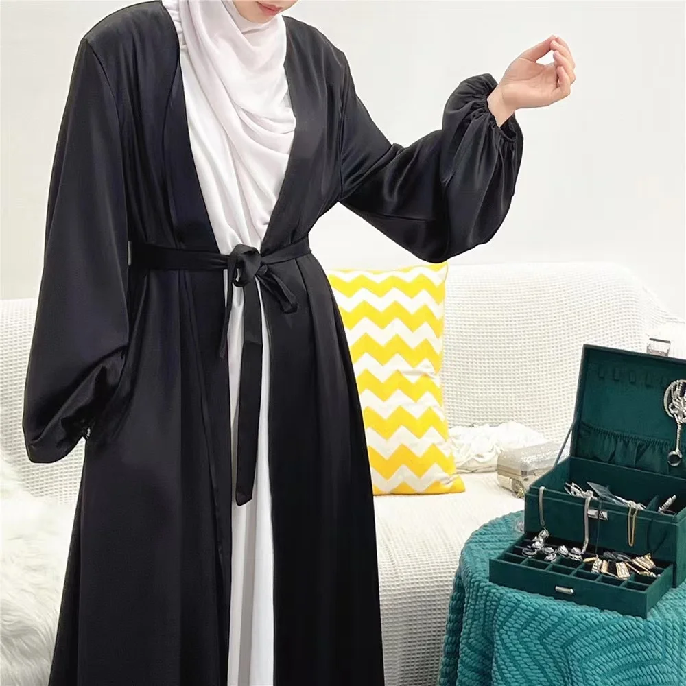 Satin Open Abaya Kimono Turkey Bubble Sleeve Abayas for Women Dubai Dress Islamic Clothing Modest Outfits Kaftan